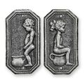 A PAIR OF CAST IRON BOY AND GIRL TOILET PLAQUES - OLD SILVER