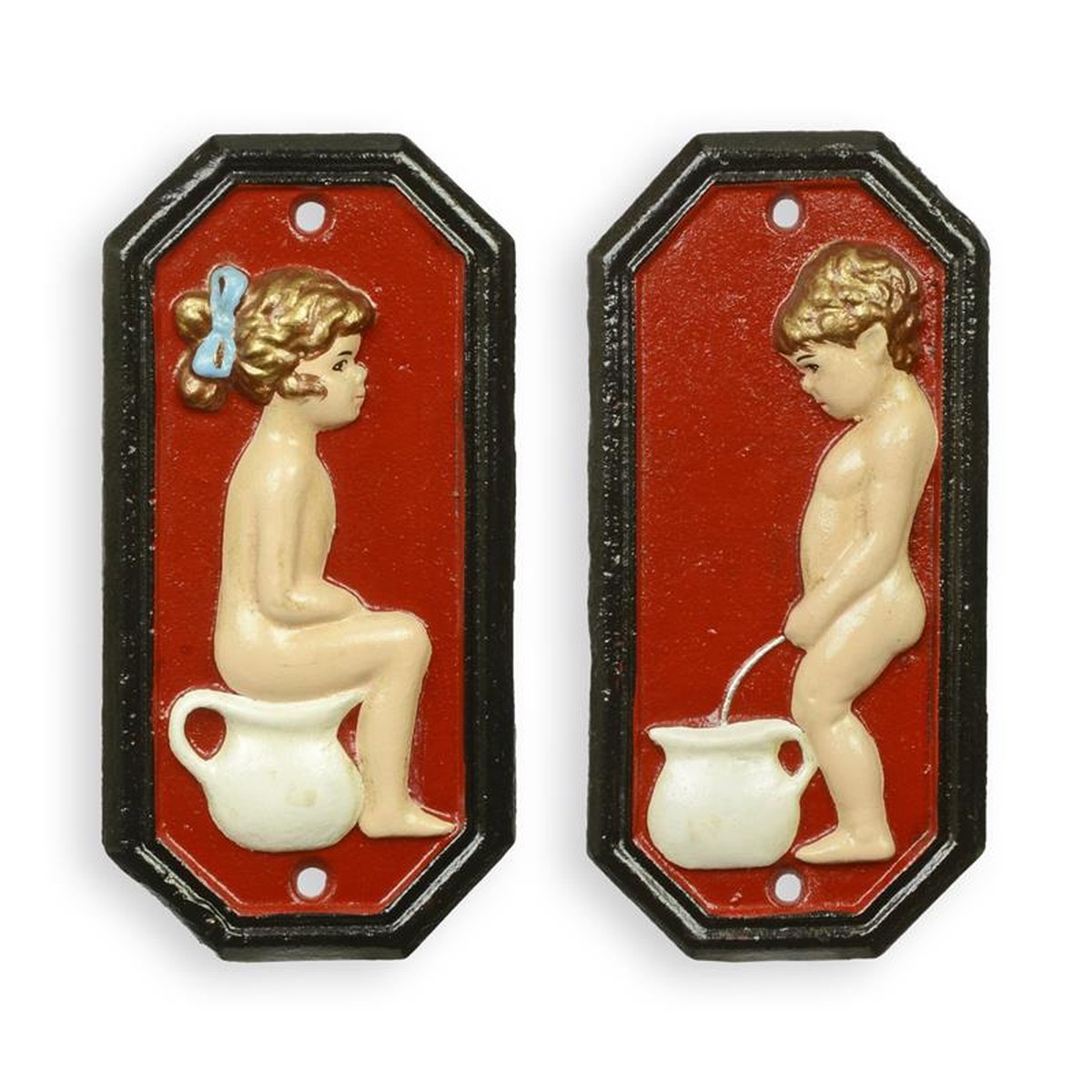 A PAIR OF CAST IRON BOY AND GIRL TOILET PLAQUES - RED
