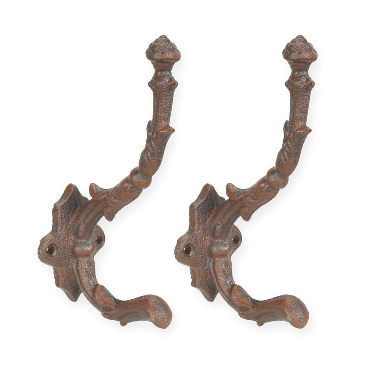 A PAIR OF CAST IRON BROWN COAT HOOKS