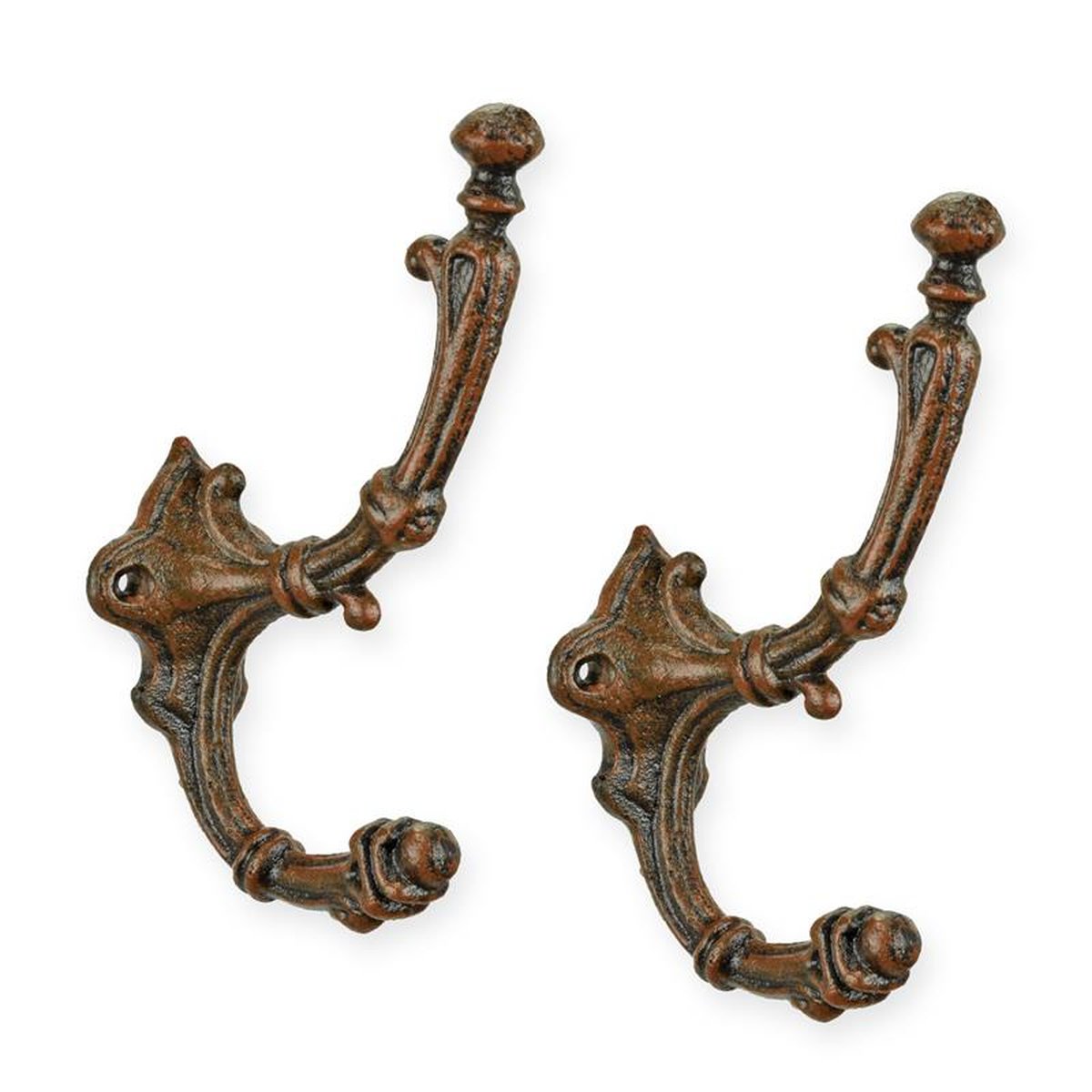 A PAIR OF CAST IRON BROWN COAT HOOKS