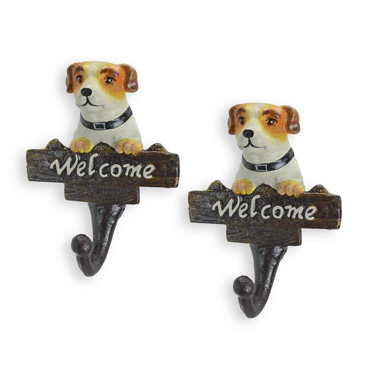 A PAIR OF CAST IRON COAT HOOKS WELCOME""