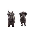 A PAIR OF CAST IRON DACHSHUND AND TERRIER WITH HEADPHONE