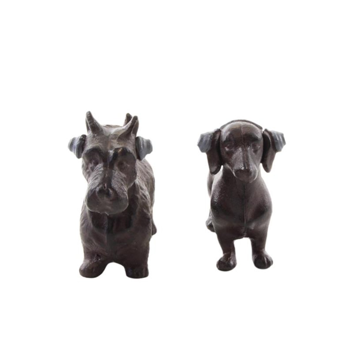 A PAIR OF CAST IRON DACHSHUND AND TERRIER WITH HEADPHONE