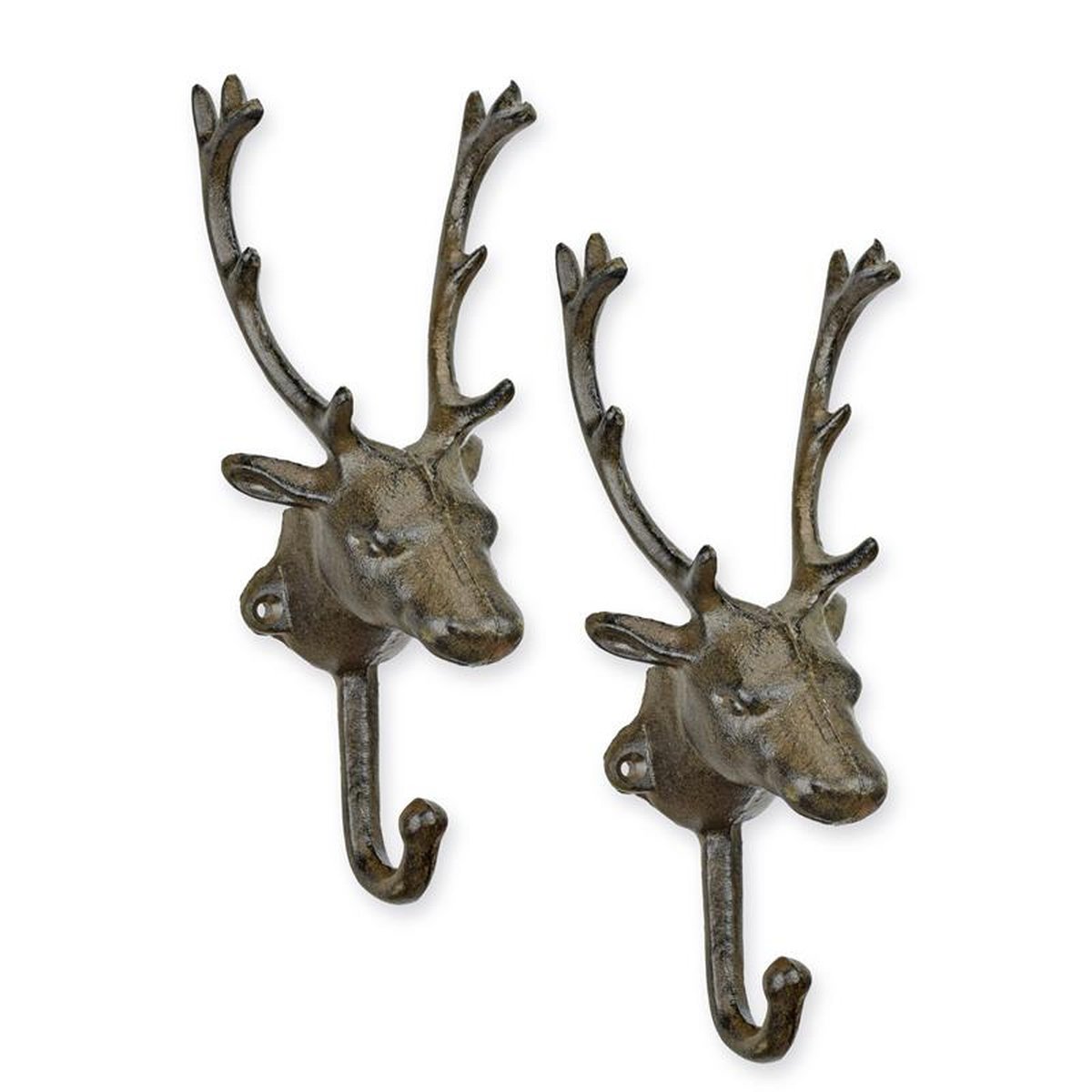 A PAIR OF CAST IRON DEER HEAD COAT-HOOKS