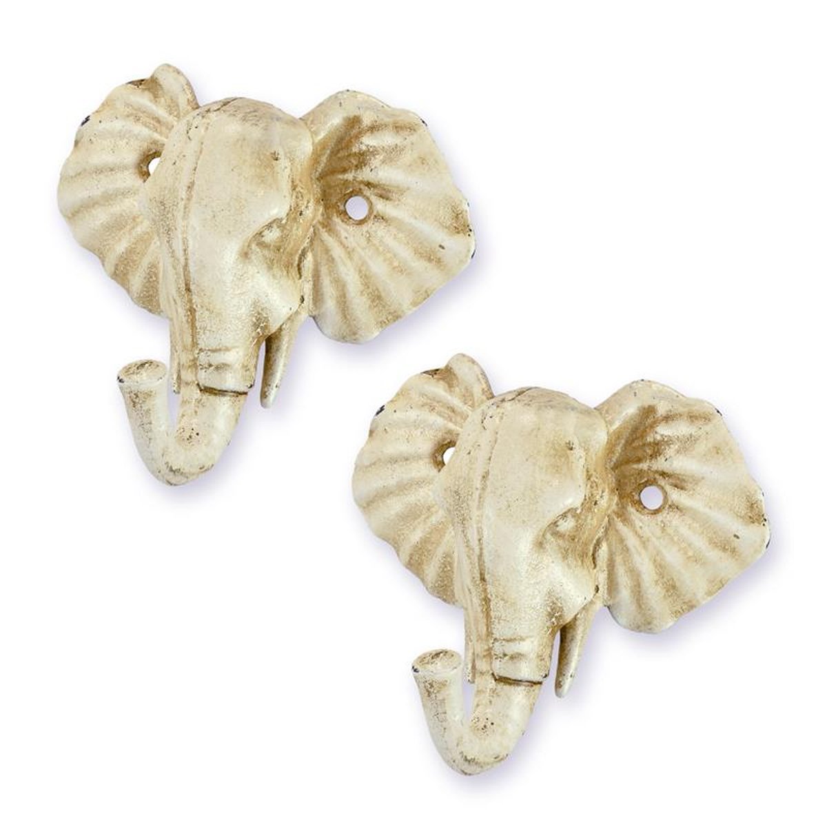A PAIR OF CAST IRON ELEPHANT HEAD COAT-HOOKS
