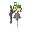 A PAIR OF CAST IRON GREEN AND YELLOW TRACTOR BELLS