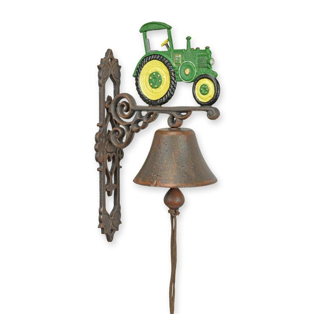 A PAIR OF CAST IRON GREEN AND YELLOW TRACTOR BELLS
