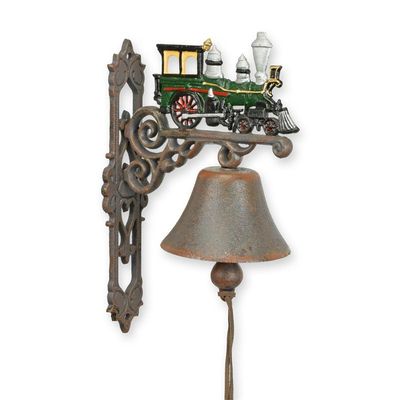 A PAIR OF CAST IRON GREEN TRAIN BELLS