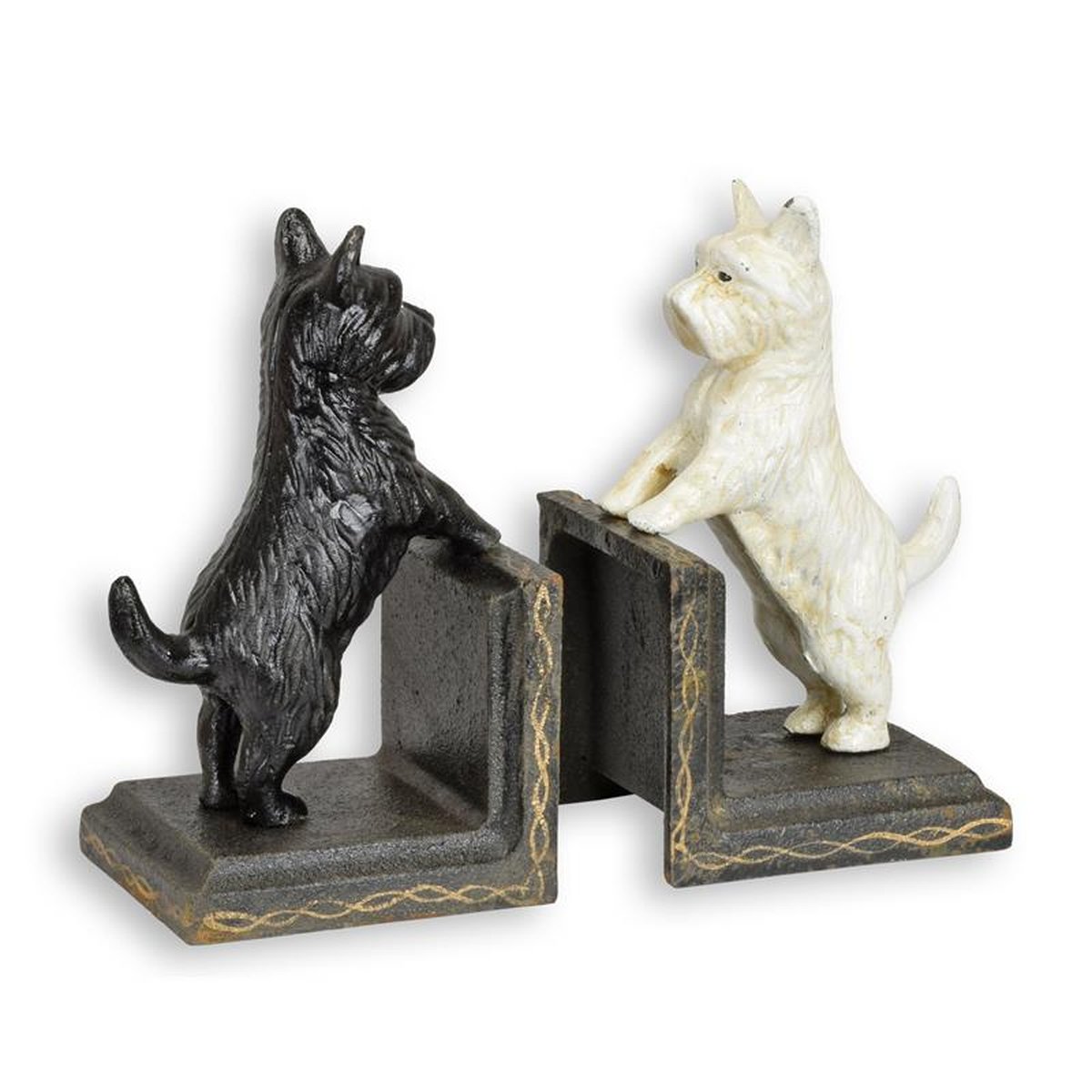A PAIR OF CAST IRON MALTESE BOOKENDS