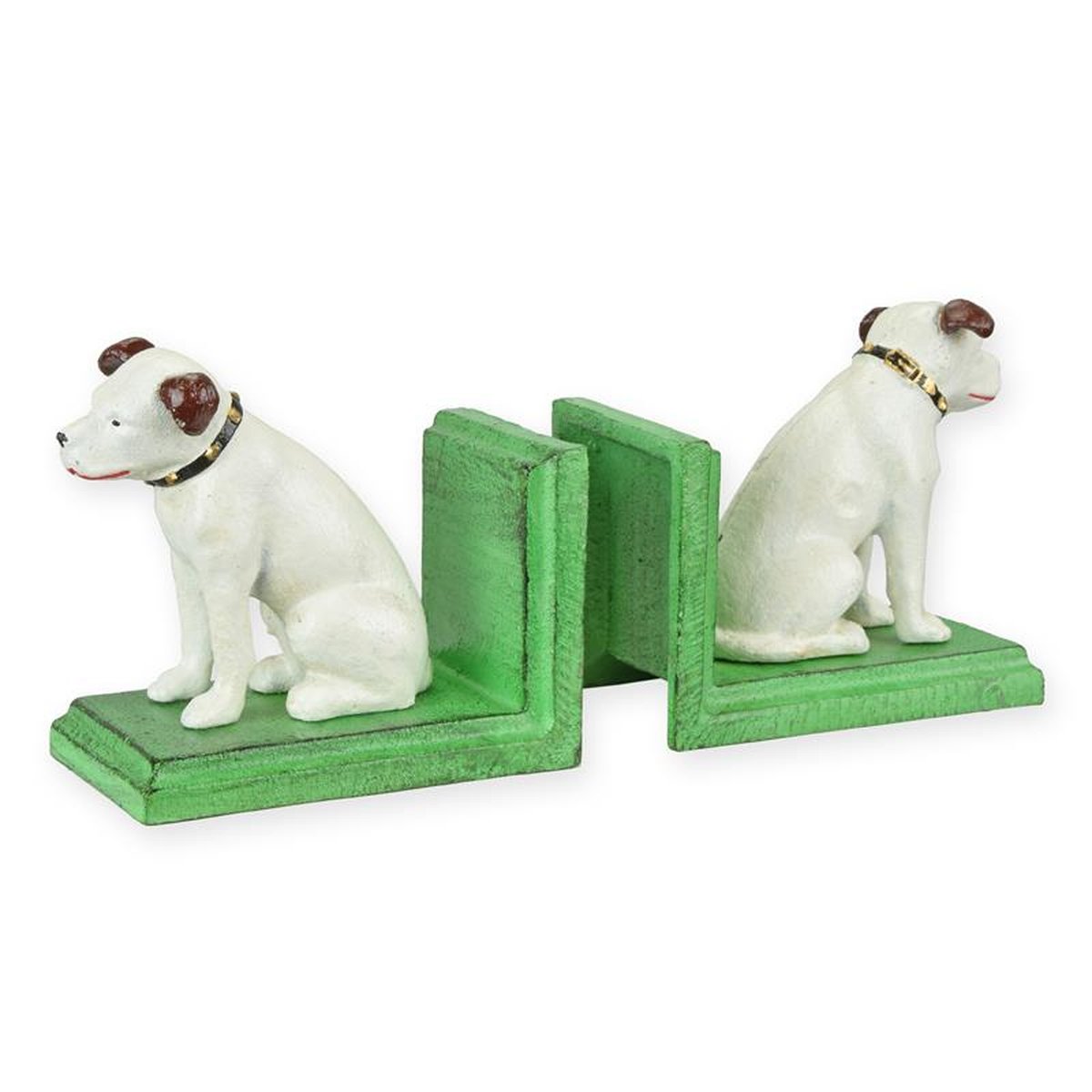 A PAIR OF CAST IRON NIPPER DOG BOOKENDS, GREEN BASE