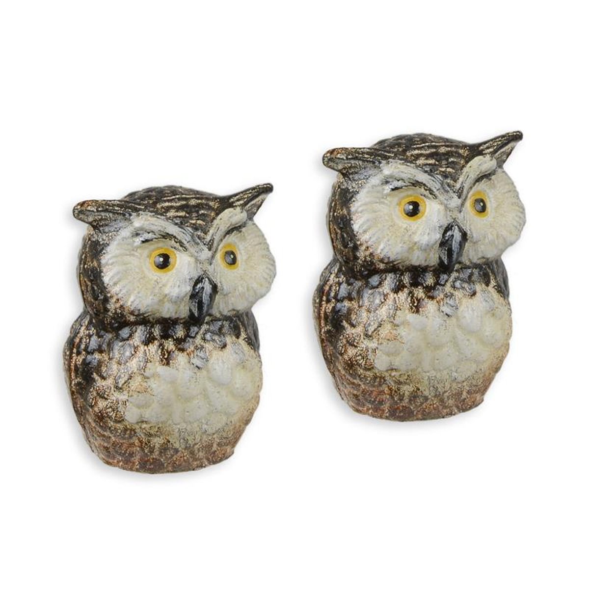 A PAIR OF CAST IRON OWL FIGURINES