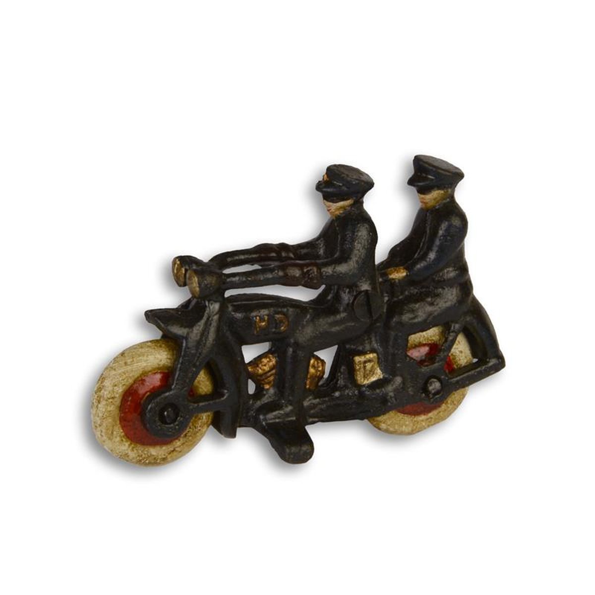 A PAIR OF CAST IRON POLICE MOTORBIKES