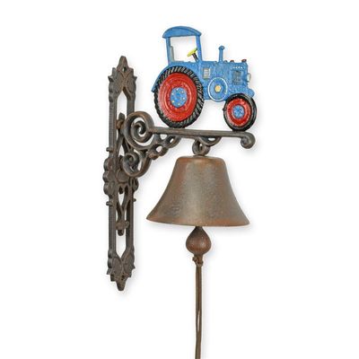 A PAIR OF CAST IRON RED AND BLUE TRACTOR BELLS