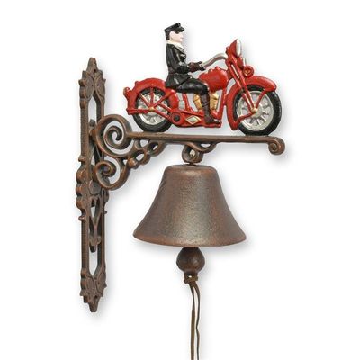 A PAIR OF CAST IRON RED MOTORCYCLE BELLS
