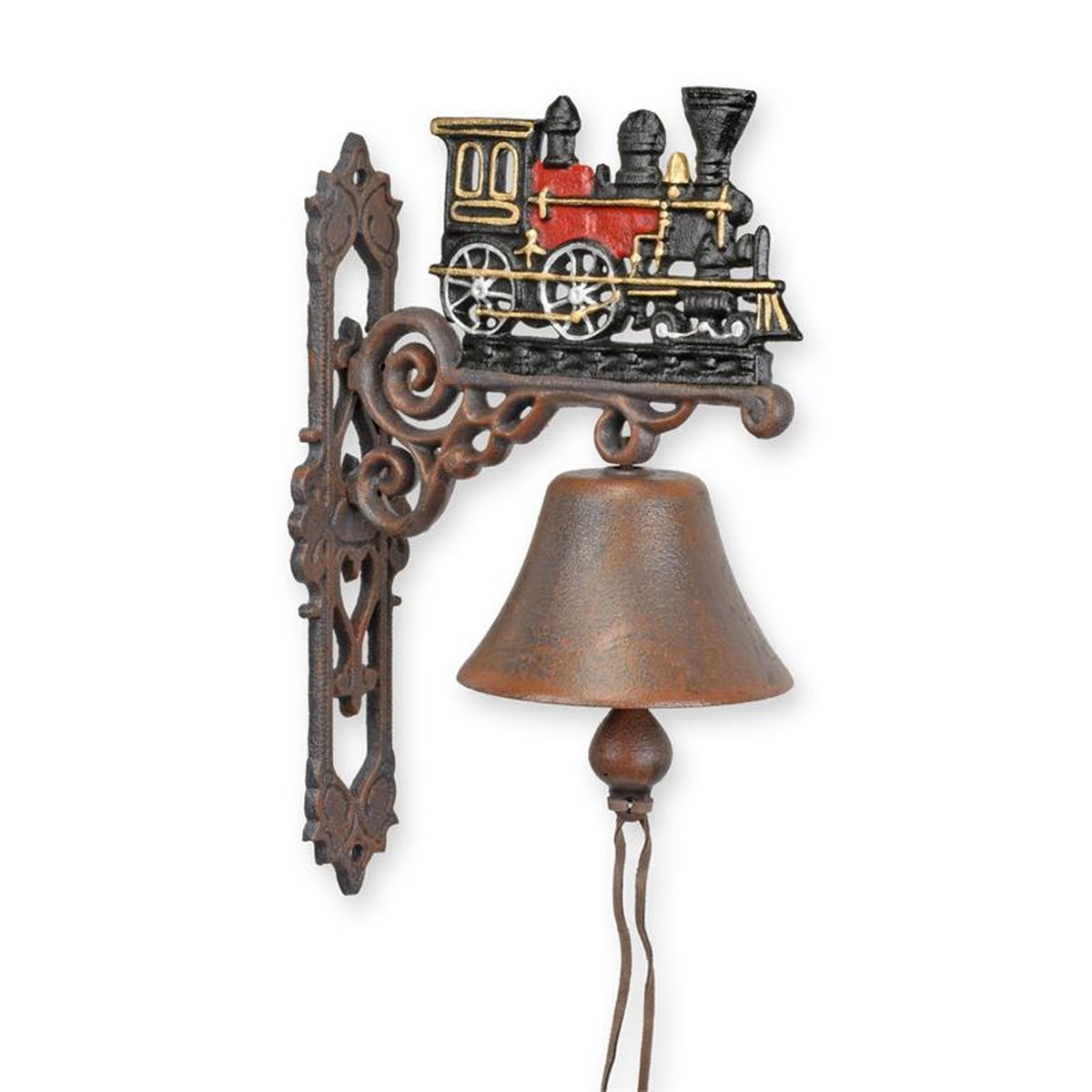 A PAIR OF CAST IRON RED TRAIN BELLS