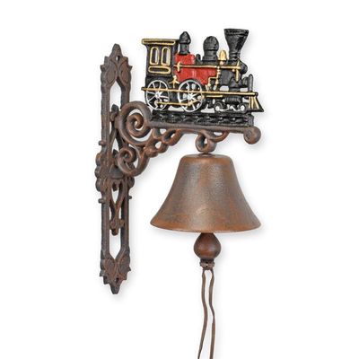 A PAIR OF CAST IRON RED TRAIN BELLS