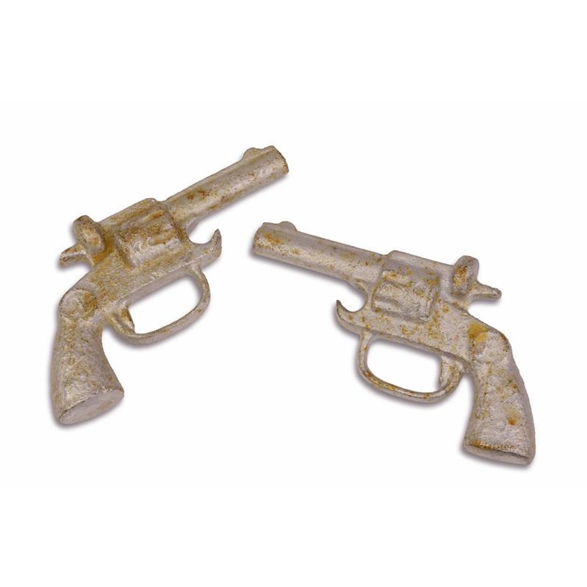 A PAIR OF CAST IRON REVOLVER SHAPED BOTTLE OPENERS