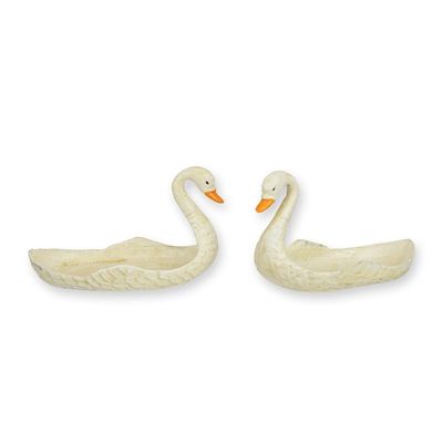 A PAIR OF CAST IRON SWAN BOWLS