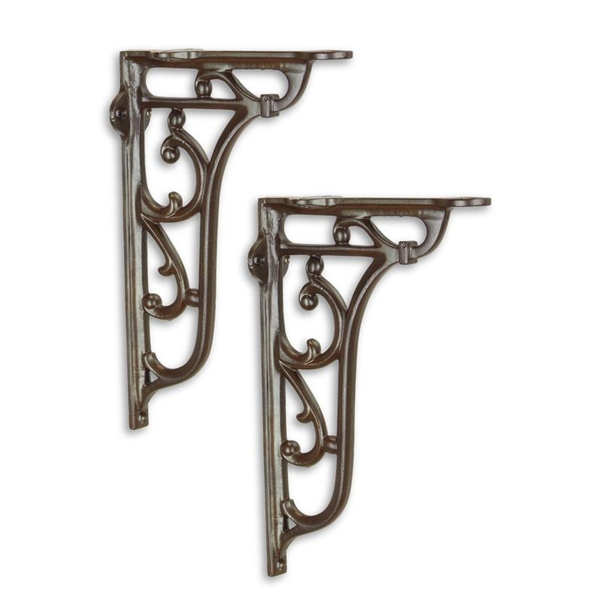 A PAIR OF CAST IRON WALL BRACKETS - BROWN FINISH