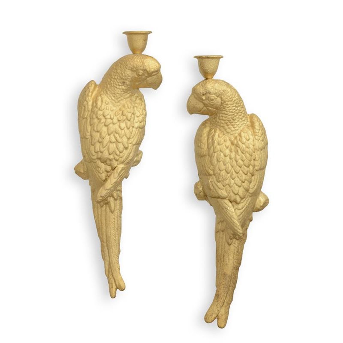 A PAIR OF CAST IRON WALL MOUNT GOLD MACAW CANDLEHOLDERS
