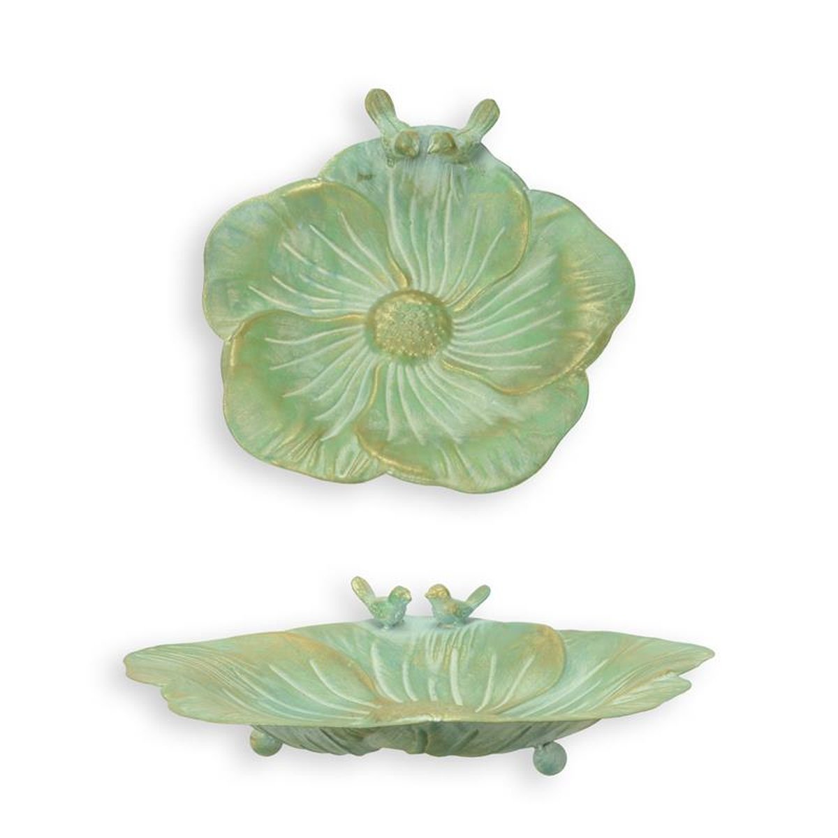 A PAIR OF FLOWER SHAPED IRON BIRD BATHS