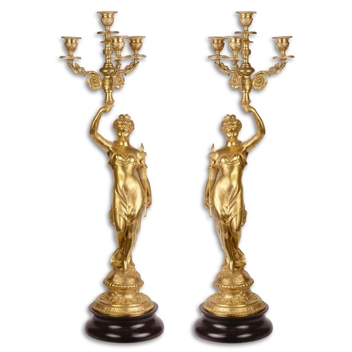 A PAIR OF FOUR LIGHT GILT BRONZE CANDELABRA