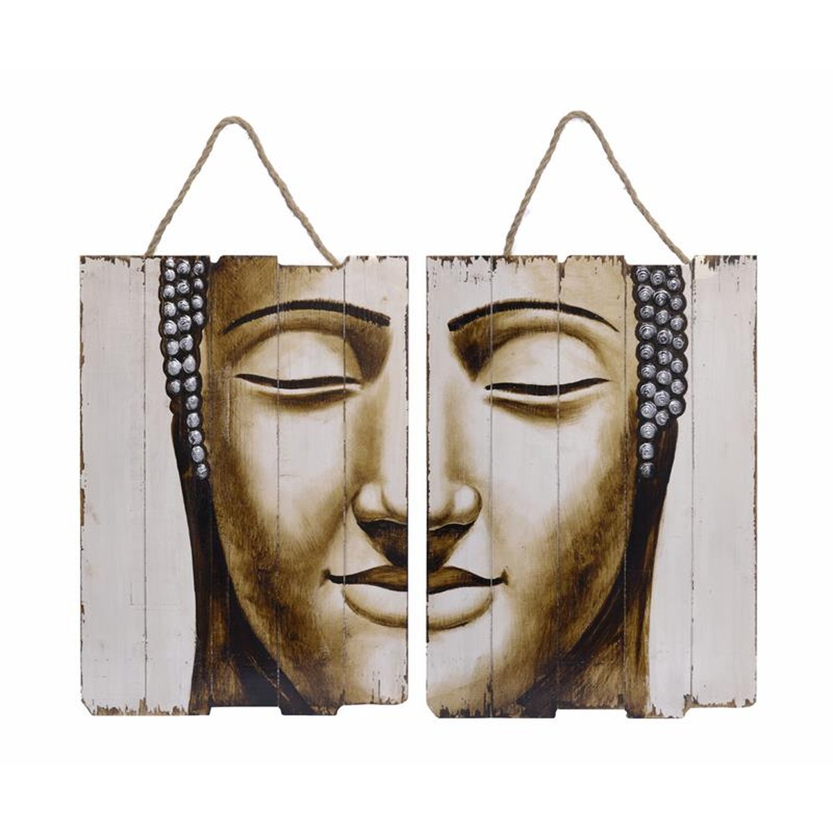 A PAIR OF HANDPAINTED DEPICTIONS OF A BUDDHAS HEAD ON WOOD