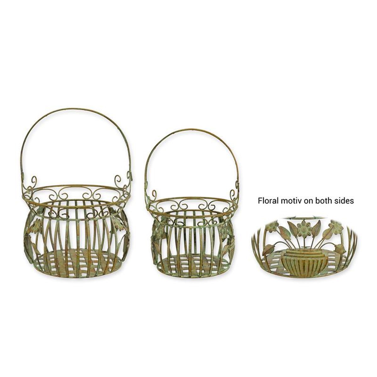 A PAIR OF IRON BASKETS - OLD GREEN