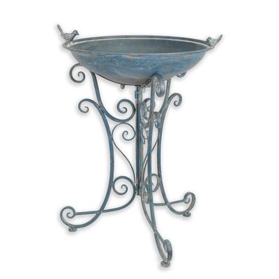 A PAIR OF IRON BIRD BATHS, OLD BLUE
