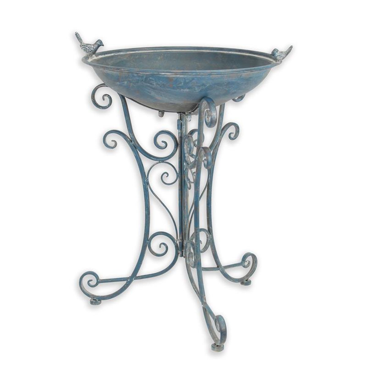 A PAIR OF IRON BIRD BATHS, OLD BLUE