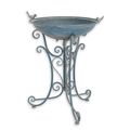 A PAIR OF IRON BIRD BATHS, OLD BLUE