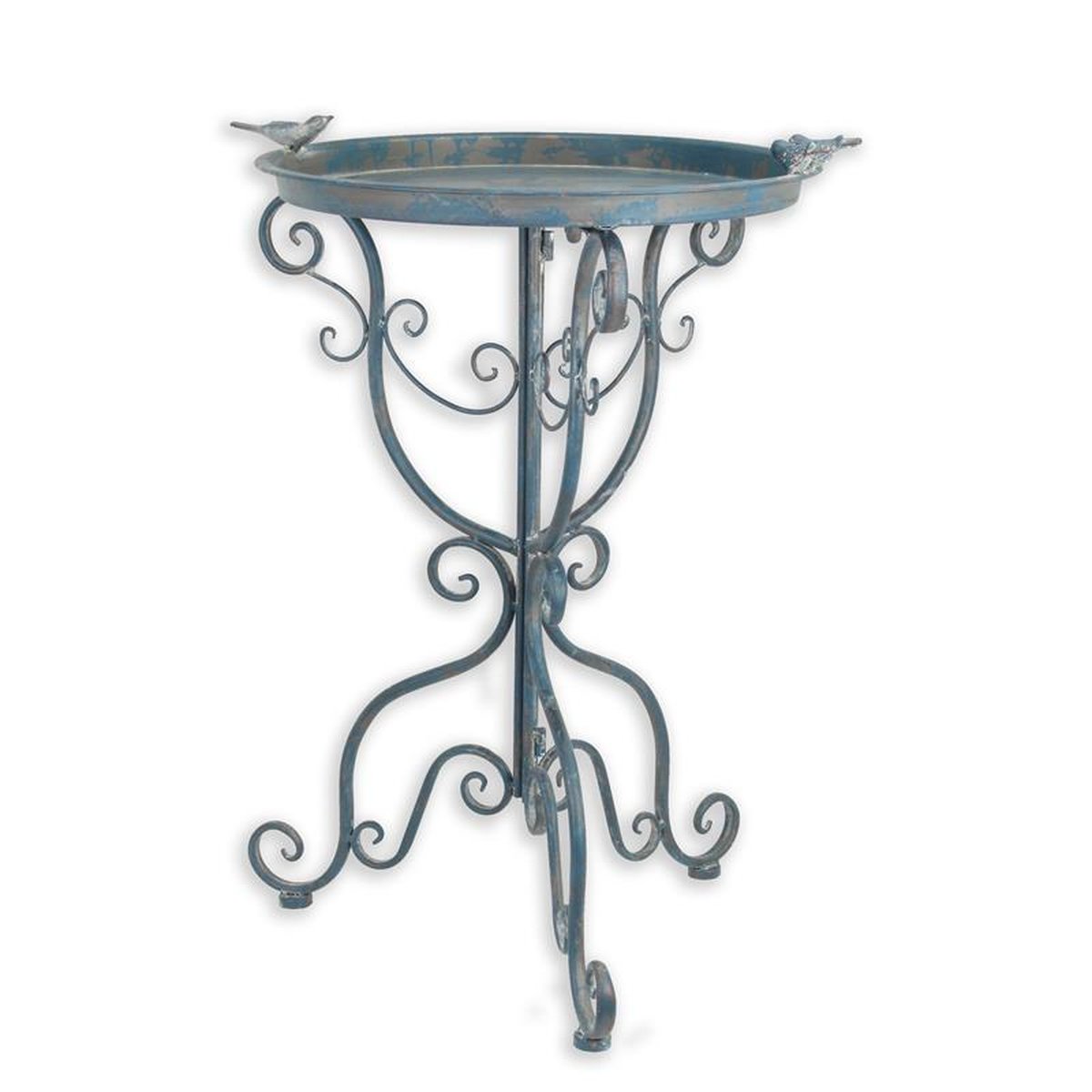 A PAIR OF IRON BIRD BATHS, OLD BLUE