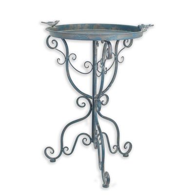 A PAIR OF IRON BIRD BATHS, OLD BLUE