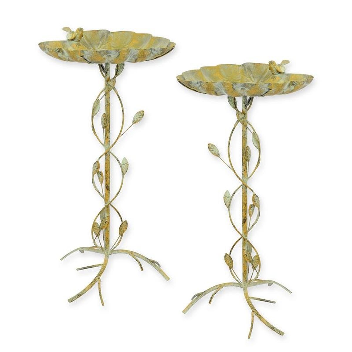 A PAIR OF IRON BIRD BATHS ON STAND