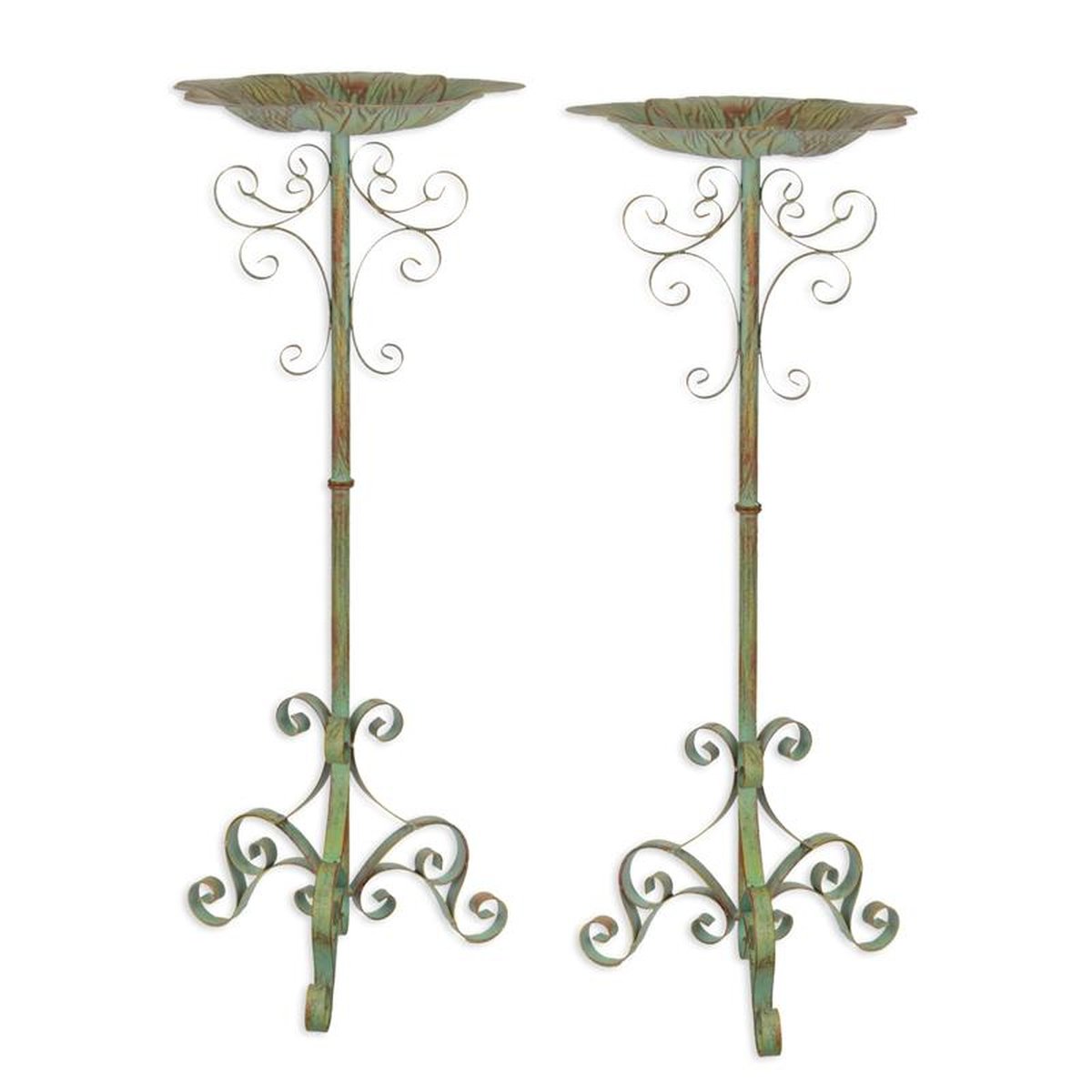 A PAIR OF IRON BIRD BATHS ON STAND