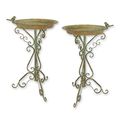 A PAIR OF IRON BIRD BATHS - WEATHERED GREEN