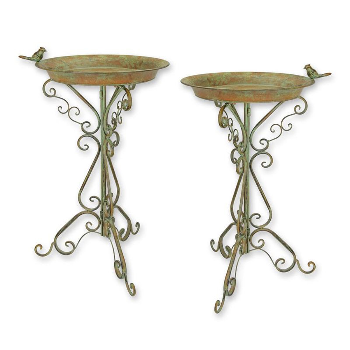 A PAIR OF IRON BIRD BATHS - WEATHERED GREEN