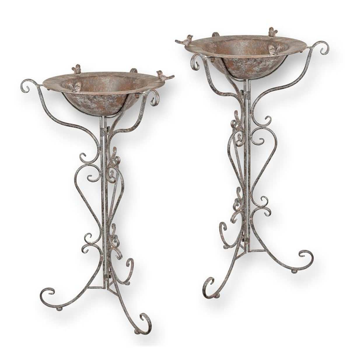 A PAIR OF IRON BIRD BATHS