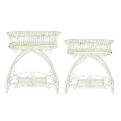 A PAIR OF IRON PLANTERS ON STAND - WHITE