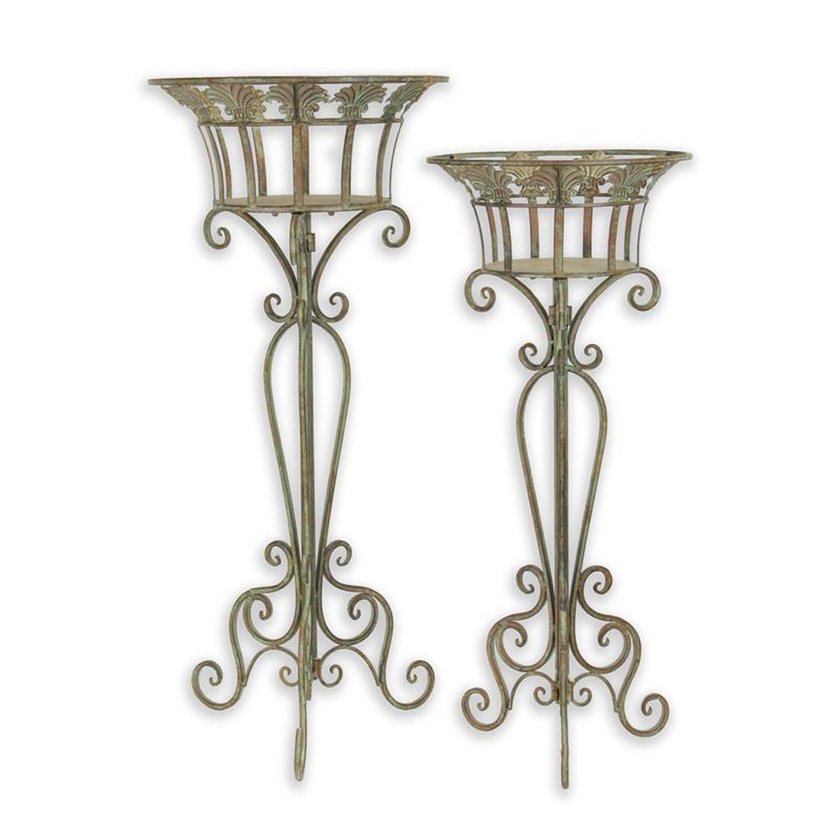 A PAIR OF IRON PLANTERS ON STAND