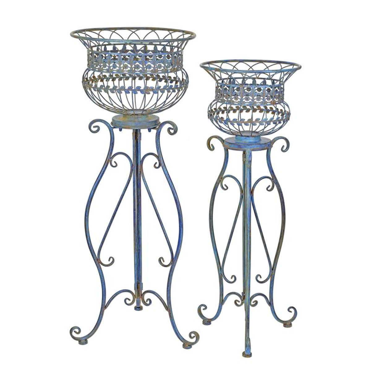 A PAIR OF IRON PLANTERS ON STAND