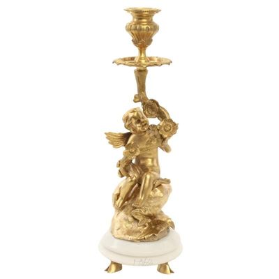 A PAIR OF MARBLE MOUNTED GILT BRONZE CANDLESTICKS