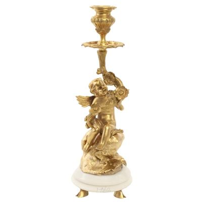 A PAIR OF MARBLE MOUNTED GILT BRONZE CANDLESTICKS
