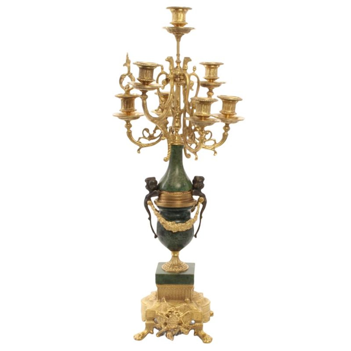 A PAIR OF MARBLE MOUNTED SEVEN LIGHT GILT BRONZE CANDELABRA