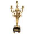 A PAIR OF MARBLE MOUNTED THREE LIGHT GILT BRONZE CANDELABRA