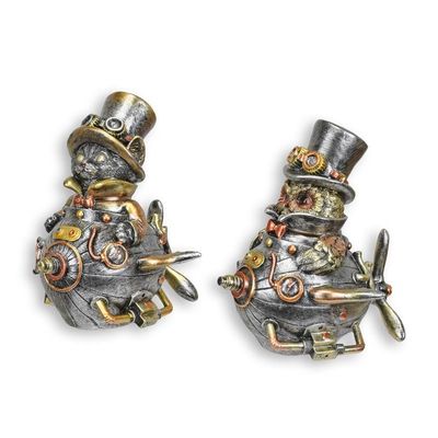 A PAIR OF RESIN STEAMPUNK FIGURINES OF AN OWL AND A CAT