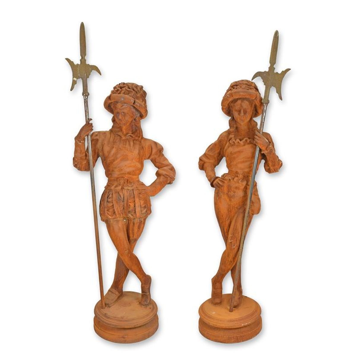 A PAIR OF RUSTY CAST IRON HALBERDIER STATUES