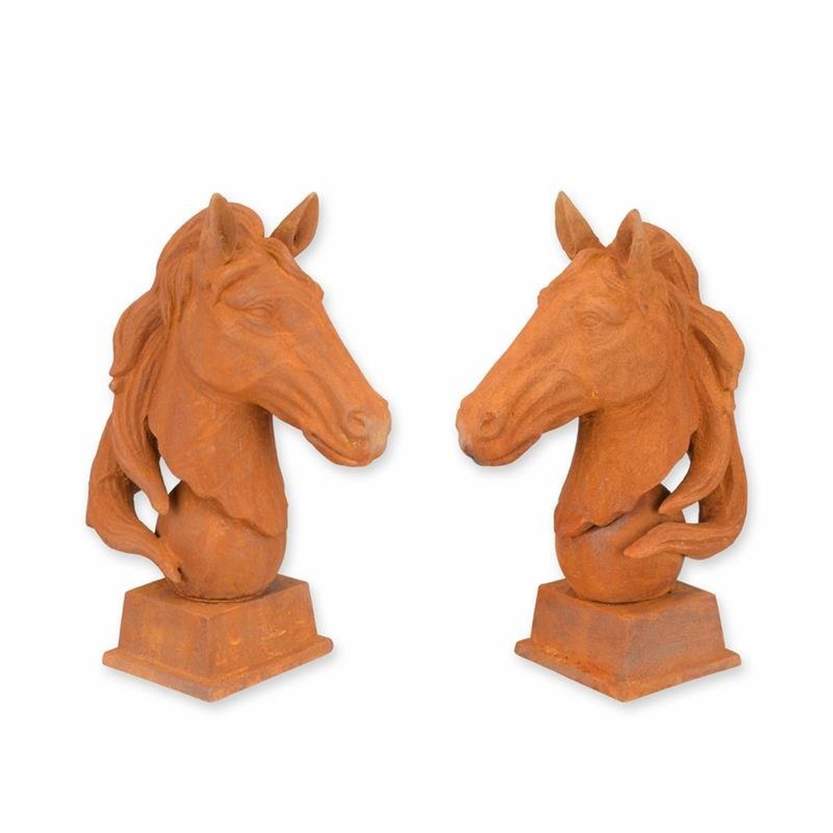 A PAIR OF RUSTY CAST IRON HORSE HEADS ON BASE