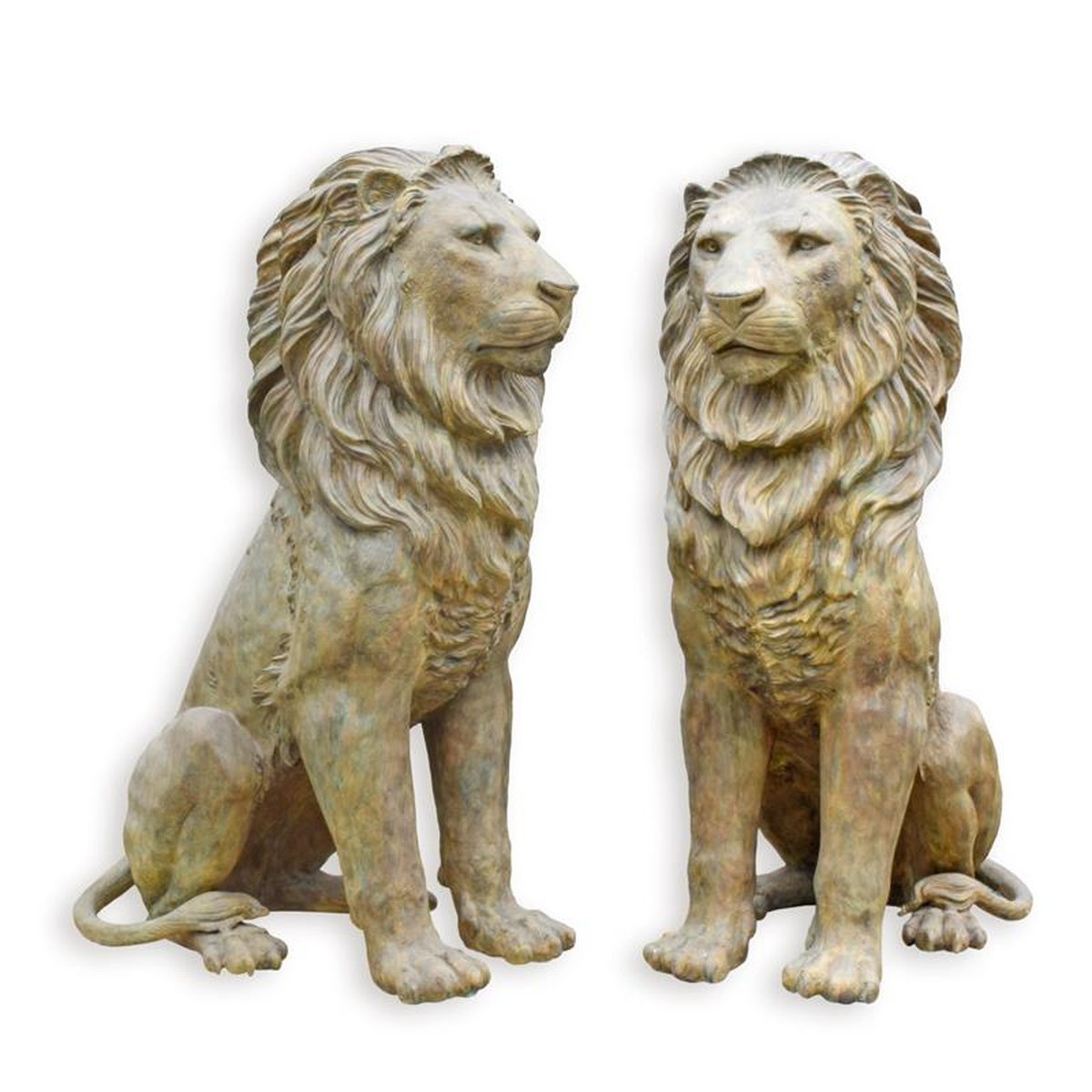 A PAIR OF SITTING BRONZE LIONS