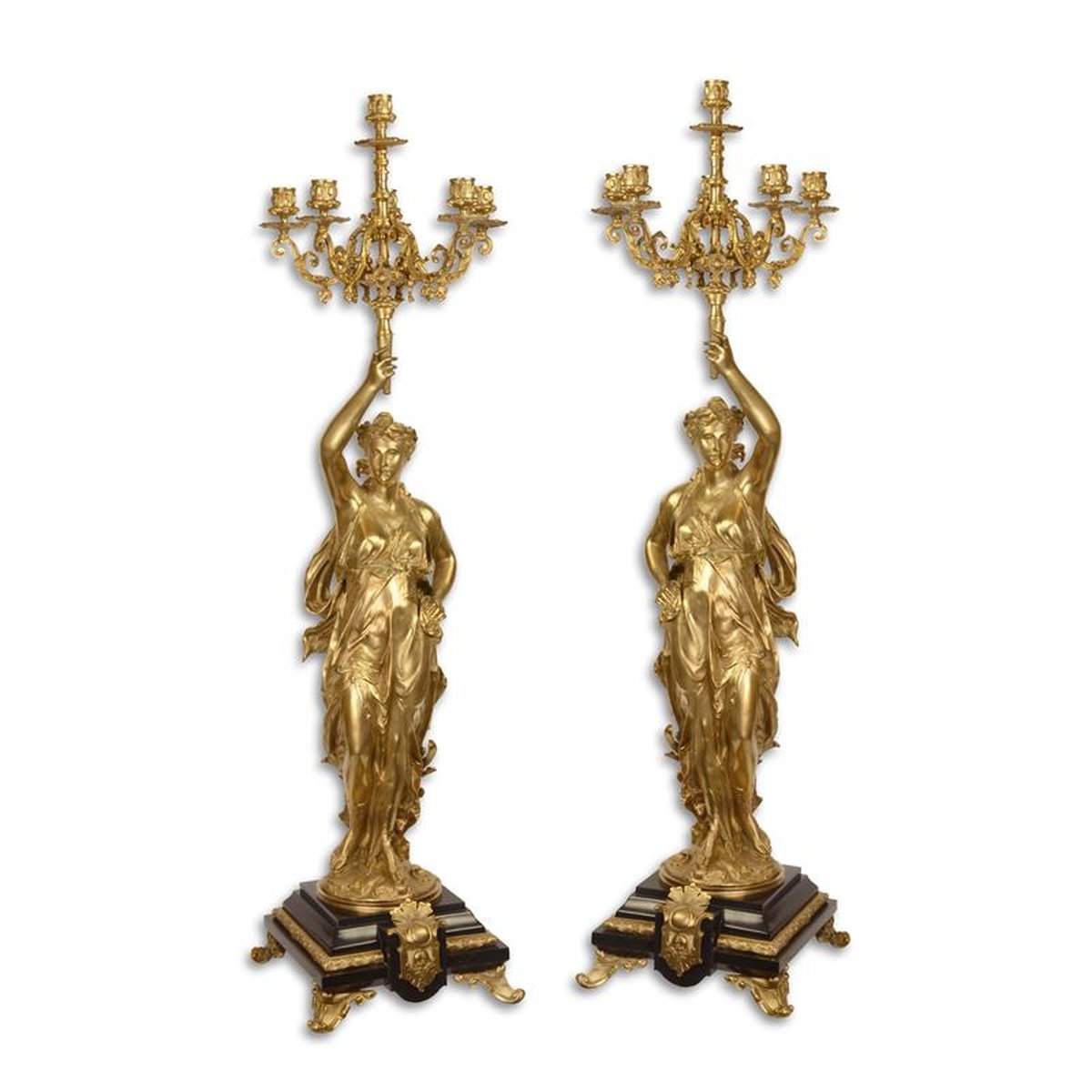 A PAIR OF SIX LIGHT GILT BRONZE CANDELABRA